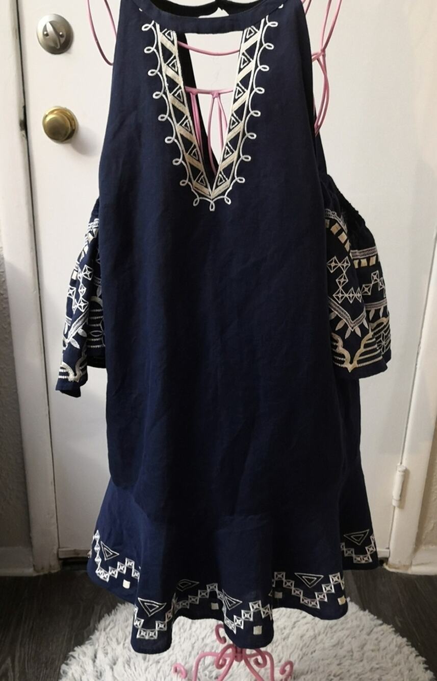 Red Carter Embroidered Linen Cold Shoulder V Neck Midi Dress S Costal Cowgirl